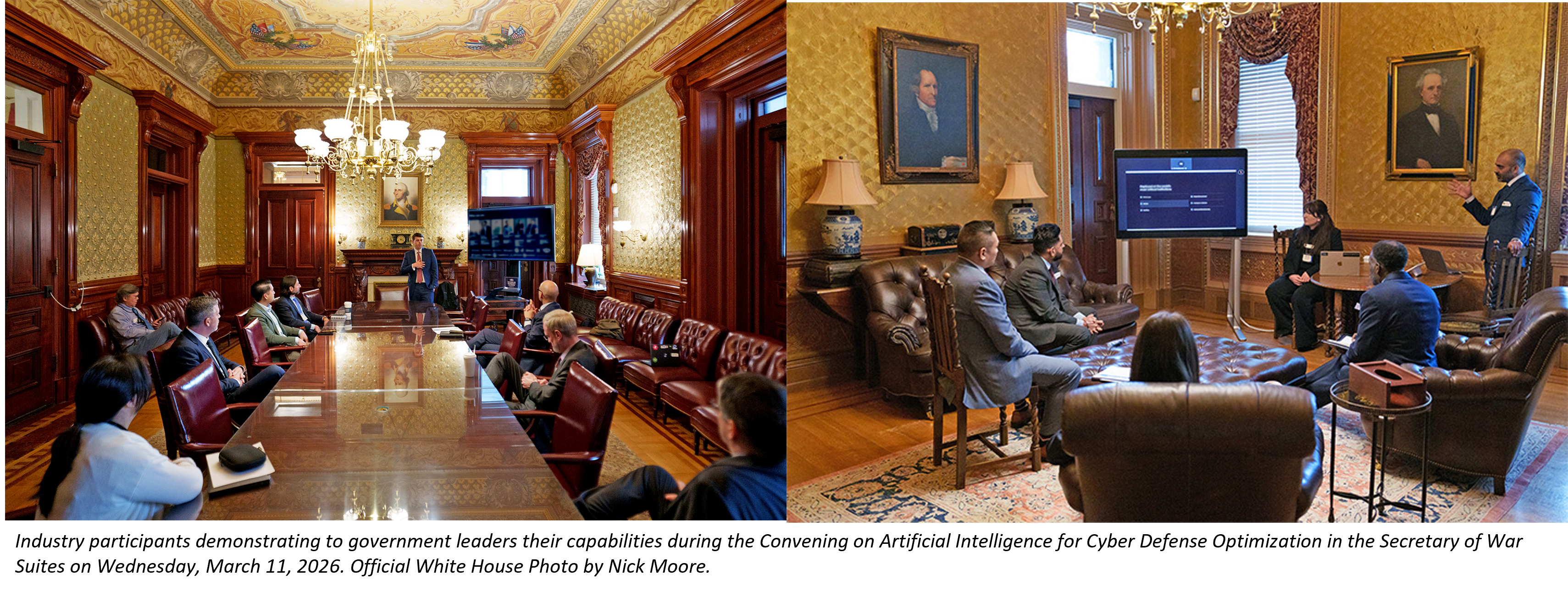 Industry participants demonstrating to government leaders their capabilities during the Convening on Artificial Intelligence for Cyber Defense Optimization in the Secretary of War Suites on Wednesday, March 11, 2026. Official White House Photo by Nick Moore. 